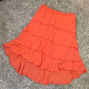 Vibrant Orange Tiered High-Low Midi Skirt w/ Ruffled Hem